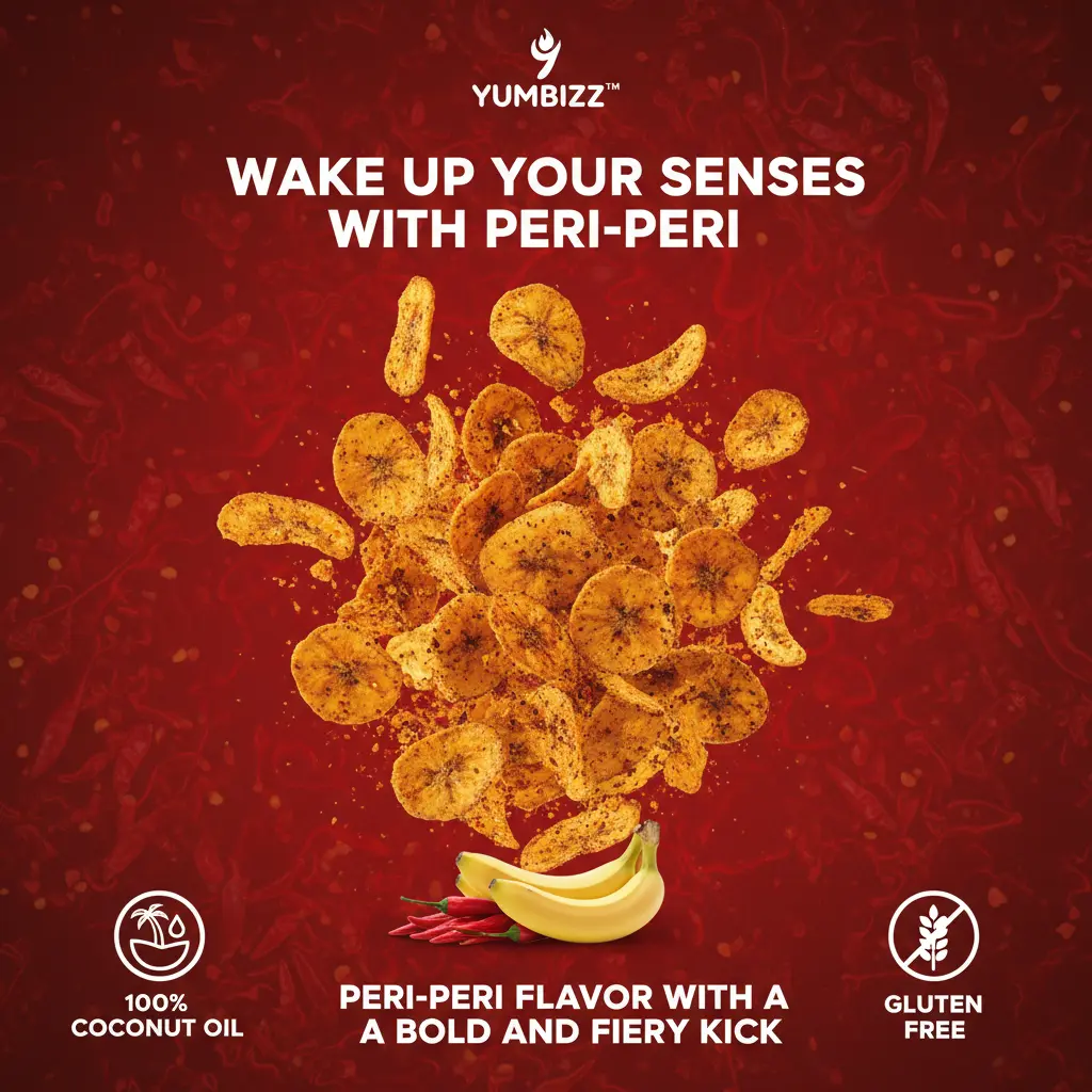 Póster de Sabor_ YUMBIZZ™ Spicy Banana Chips Peri-Peri Masala - Pasión Picante.webp