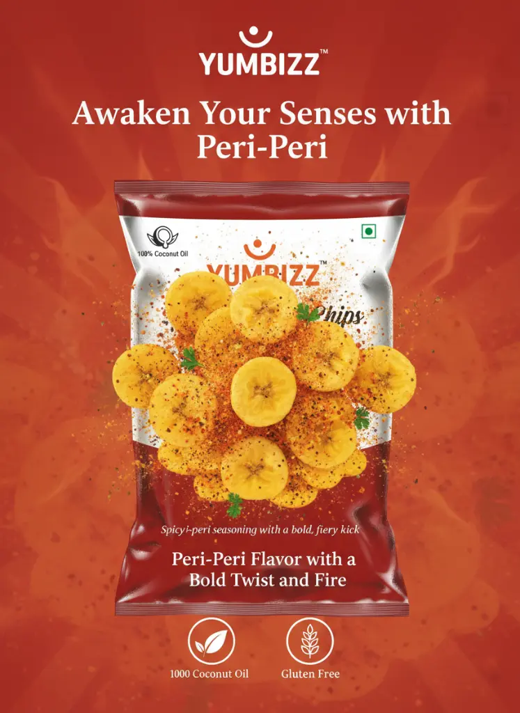 Póster de Sabor_ YUMBIZZ™ Spicy Banana Chips Peri-Peri Masala con Empaque.webp